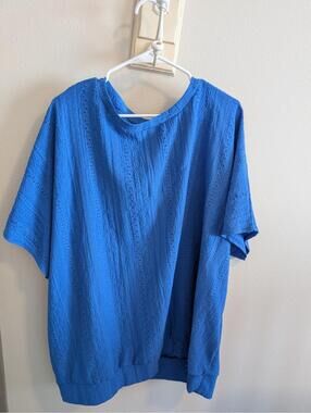 Bloomchic Women's Plus Size 26 Blue Eyelit Lace V Neck Short Sleeve Top